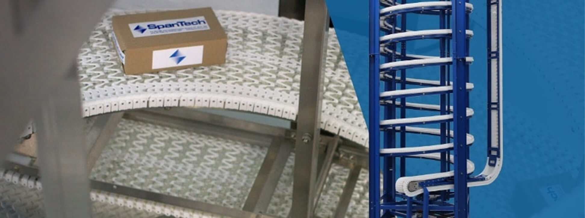 Compact blue vertical spiral conveyor system with modular plastic belt efficiently elevating cartons between factory floors for warehouse automation.