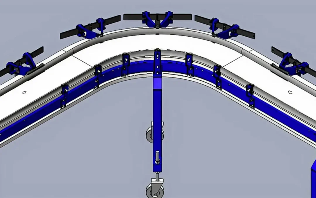 3D CAD rendering of the EZGUIDE guide rail system on a curved Span Tech conveyor section with adjustable tab-lock brackets