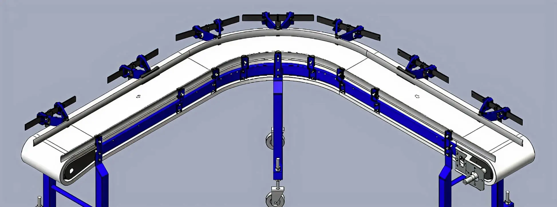 3D CAD rendering of the EZGUIDE guide rail system on a curved Span Tech conveyor section with adjustable tab-lock brackets