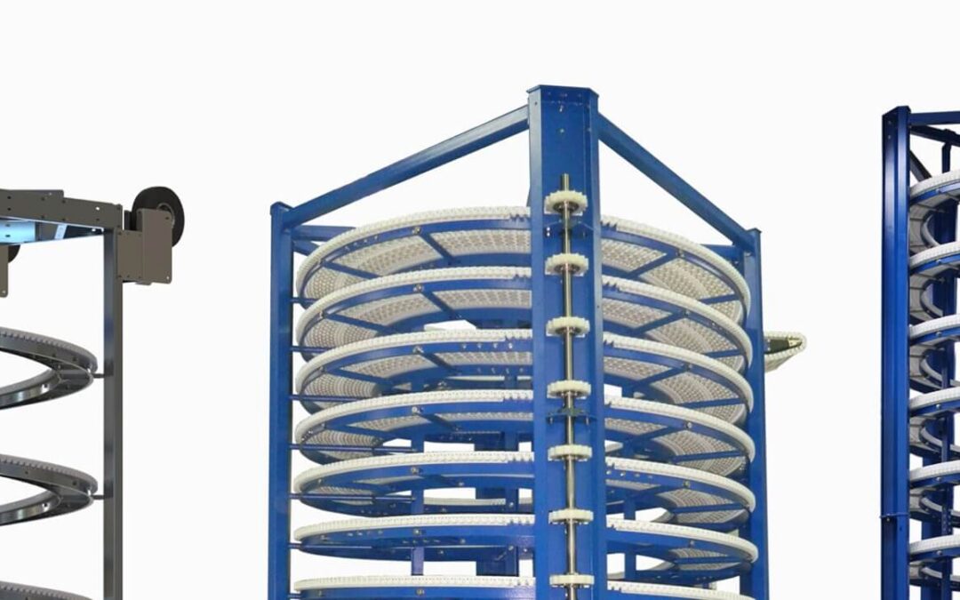 Three Span Tech spiral conveyor configurations showing compact helical design for vertical product movement