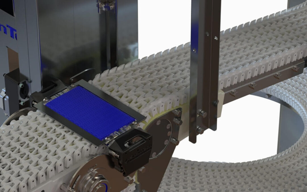 Rendering of a Span Tech conveyor with white open-design plastic chain passing through a transfer point