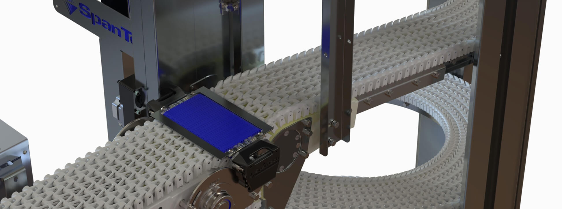 Best Spiral Conveyor Rendering of a Span Tech conveyor with white open-design plastic chain passing through a transfer point
